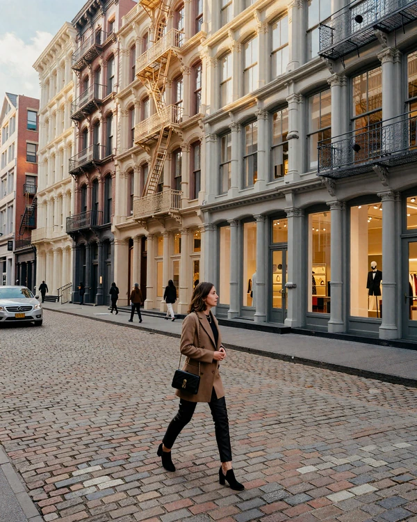 SoHo cast-iron gallery facades and boutiques at golden hour