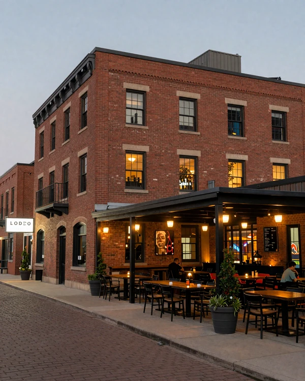 LoDo Denver historic brick warehouse district at dusk
