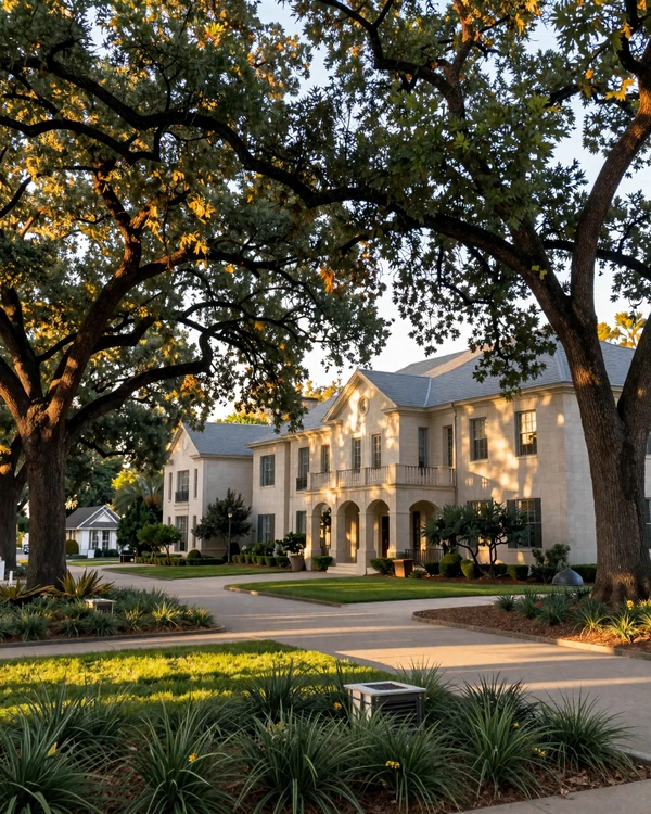Highland Park Dallas tree-lined boulevard with limestone mansions
