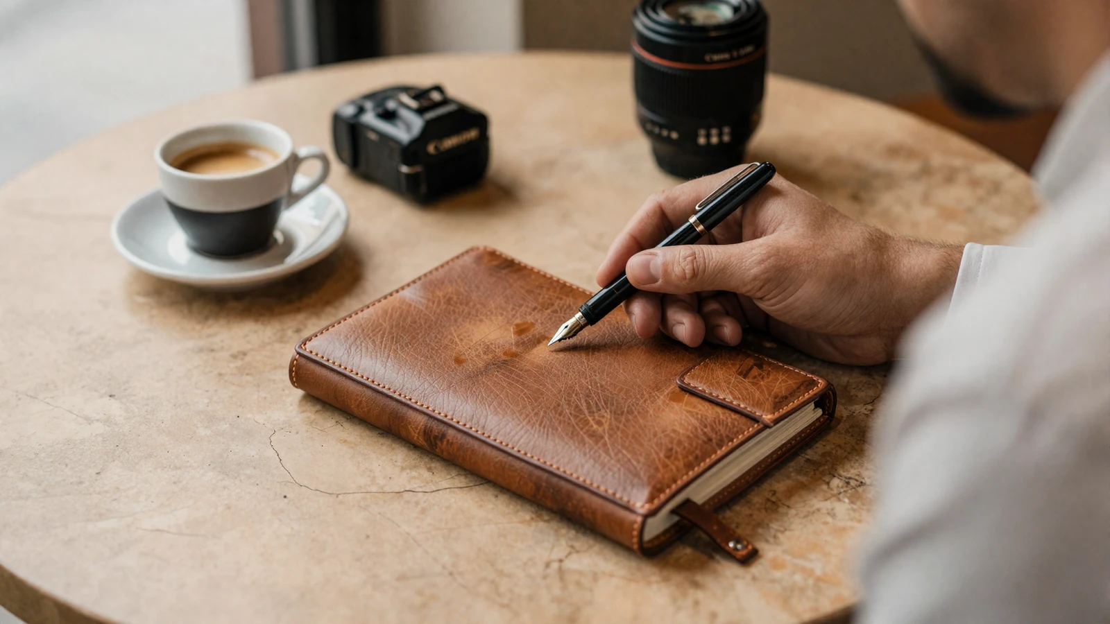 Editorial scene of a successful man's hand on a leather notebook beside espresso symbolising thoughtful dating profile preparation