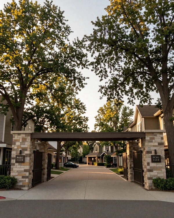 Polo Club gated community entrance with mature trees at golden hour
