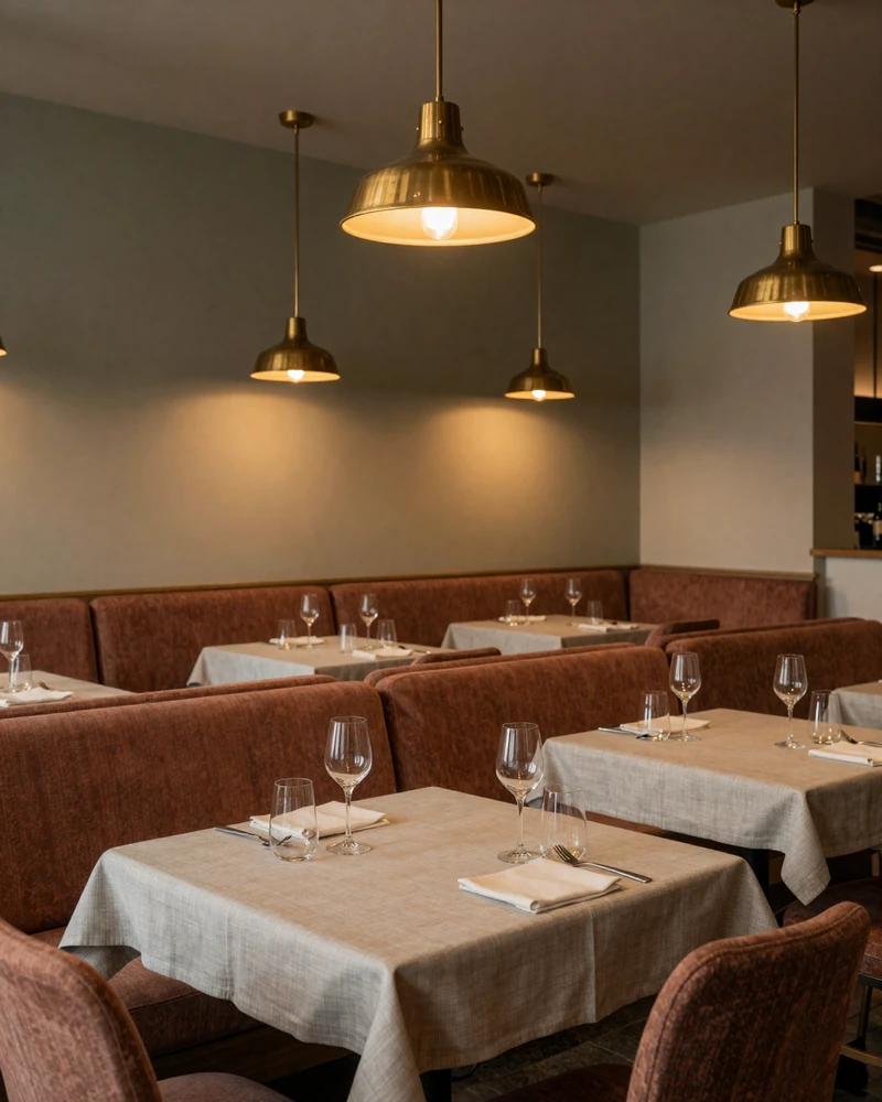 Refined Short North restaurant interior with brass pendants and banquette seating