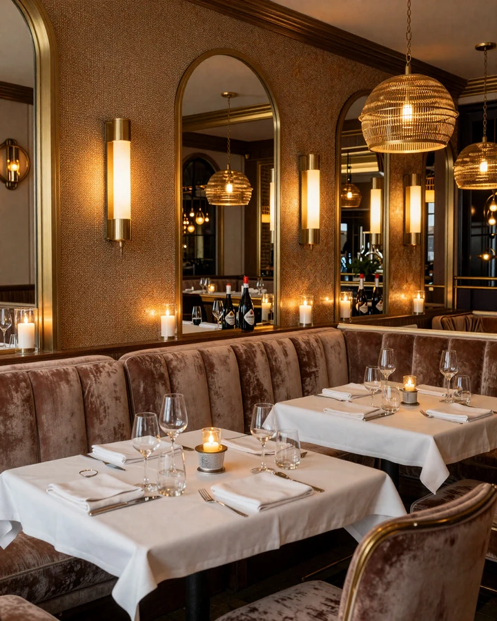 Gold Coast steakhouse interior velvet banquettes brass fixtures Chicago
