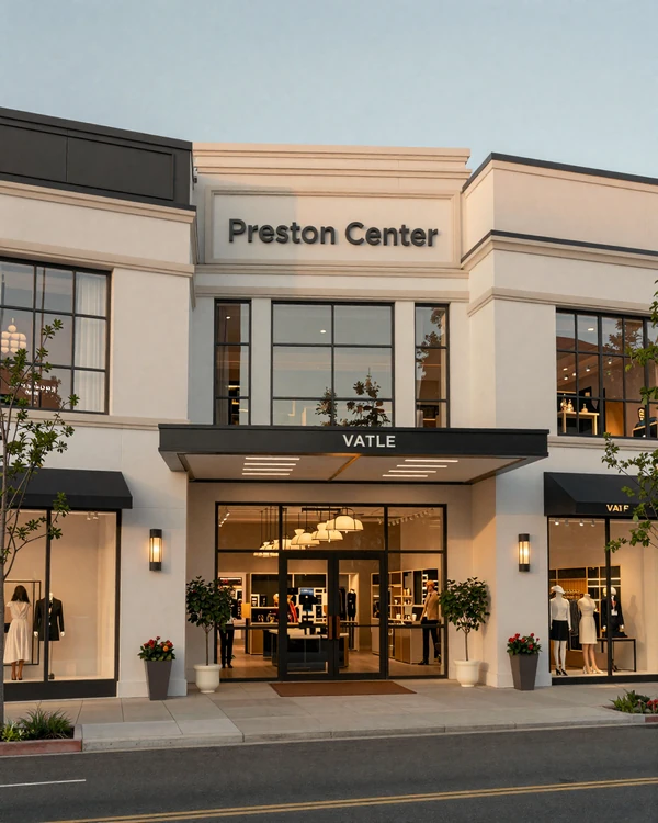 Preston Center Dallas upscale retail plaza at golden hour