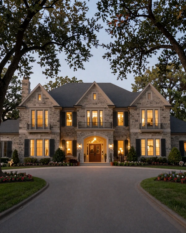 Forest Hills Nashville stone estate with mature oak trees at twilight