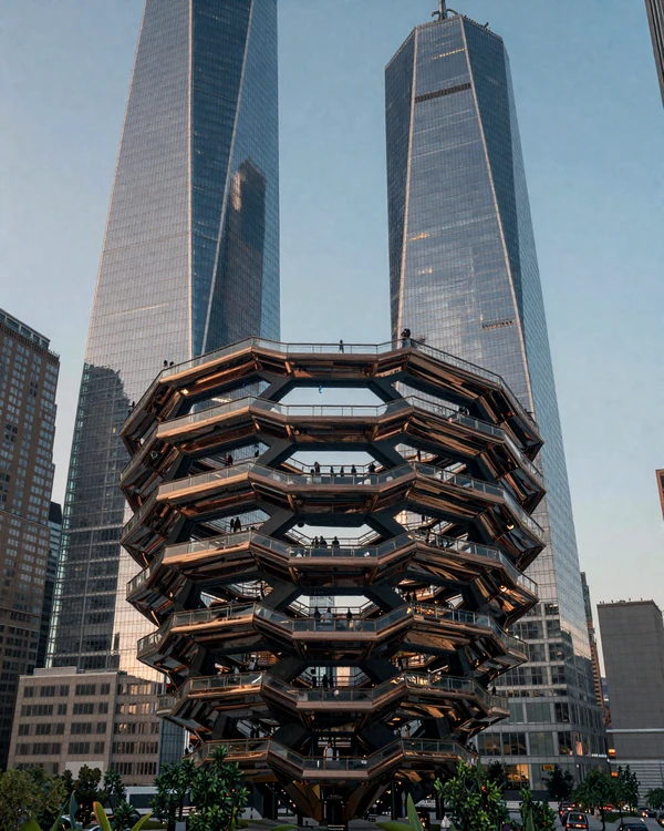 Hudson Yards glass towers and High Line view at dusk