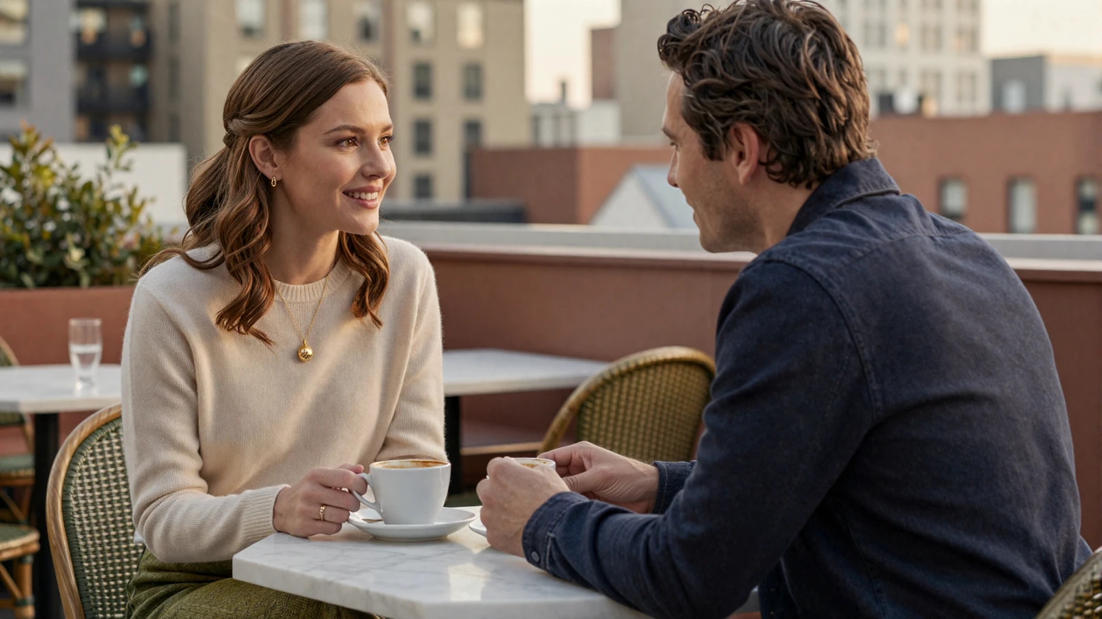 Couple sharing a thoughtful conversation on a Manhattan rooftop representing genuine connection in a long term sugar relationship