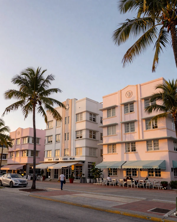 South Beach Miami Ocean Drive at dusk with Art Deco hotels and palm trees