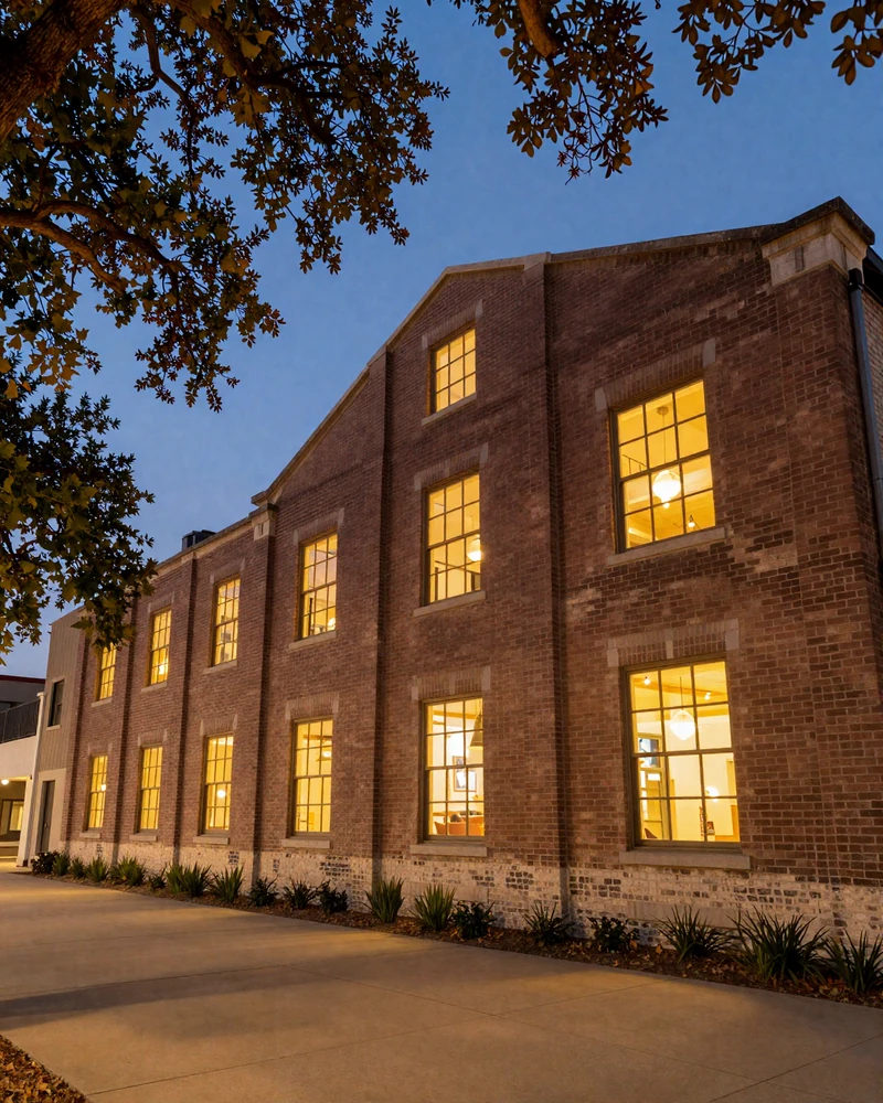 Pearl District San Antonio brick warehouse conversion at dusk representing the sugar baby San Antonio setting