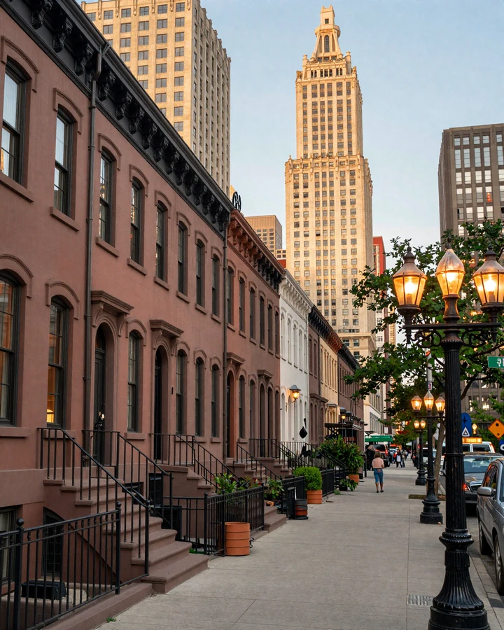 Gold Coast historic brownstones with Chicago Magnificent Mile skyline at golden hour representing sugar daddy Chicago lifestyle