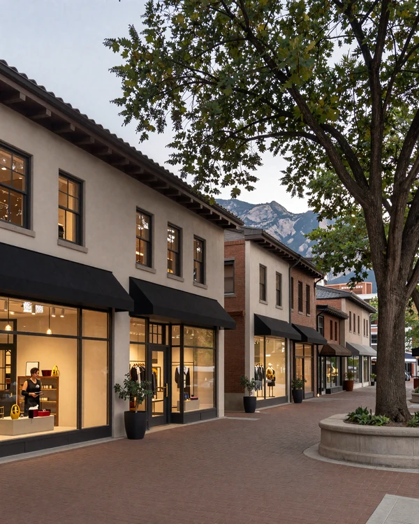 Cherry Creek Denver luxury boutique district with Rocky Mountains in distance