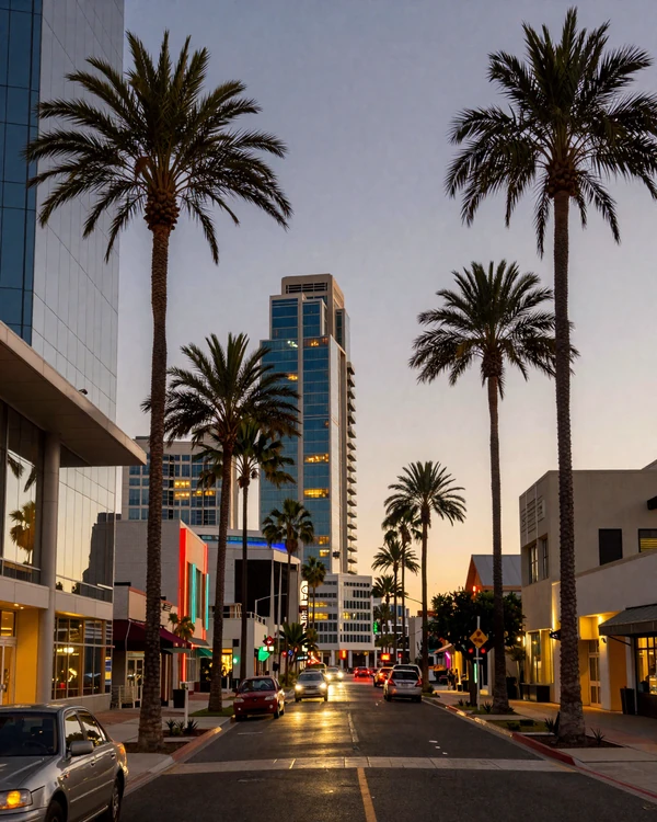 West Hollywood Sunset Strip at twilight with palm trees and modern facades