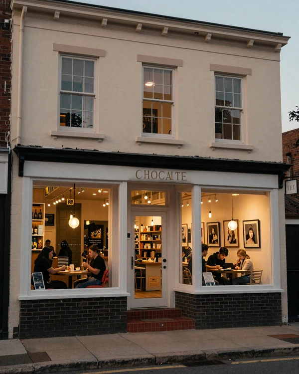 Montrose Houston street with boutique cafes and gallery storefronts at dusk