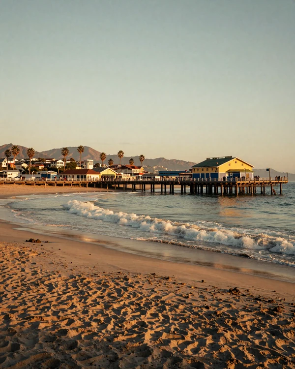 Santa Monica beach and pier at golden hour with Pacific Ocean