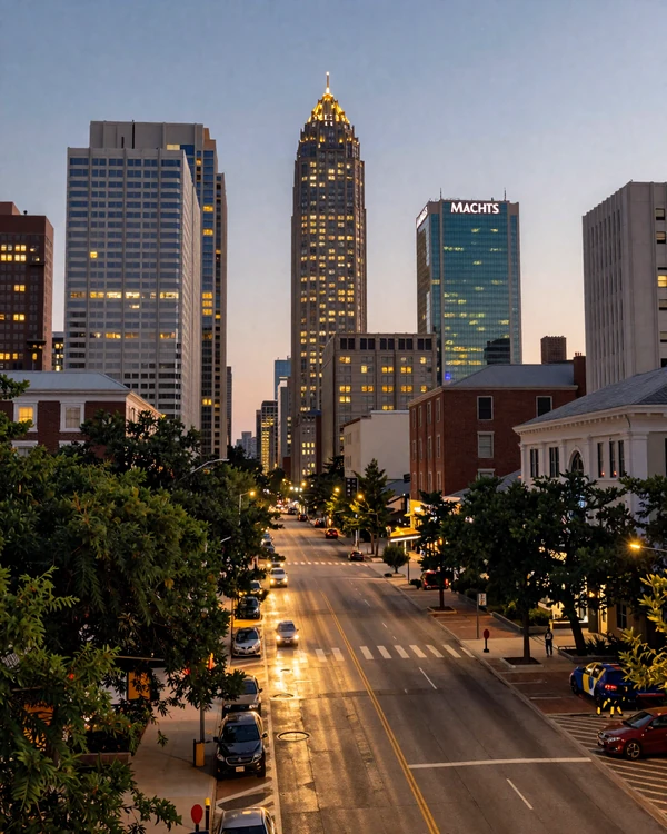 Midtown Atlanta Peachtree Street at dusk with high-rise towers