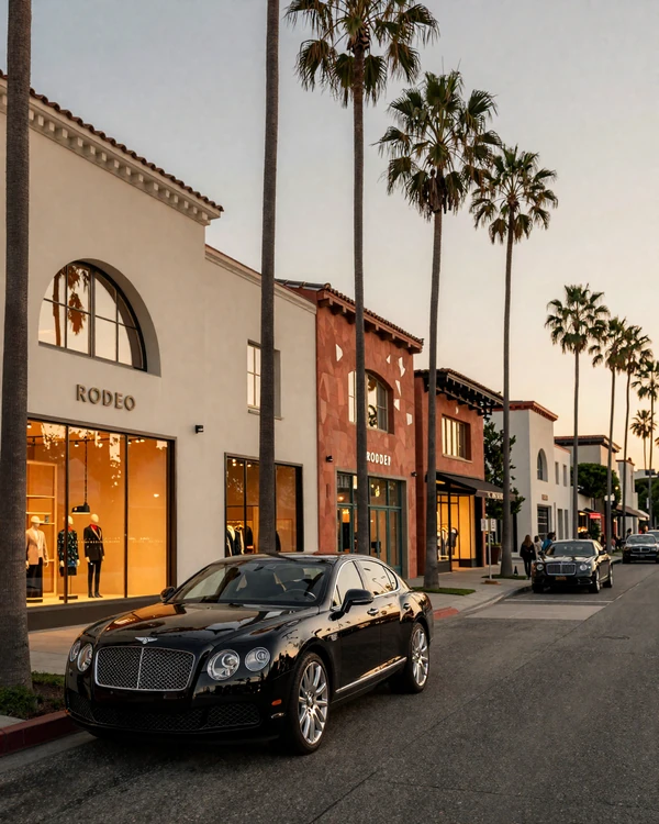 Rodeo Drive in Beverly Hills at golden hour with palm trees and luxury boutiques