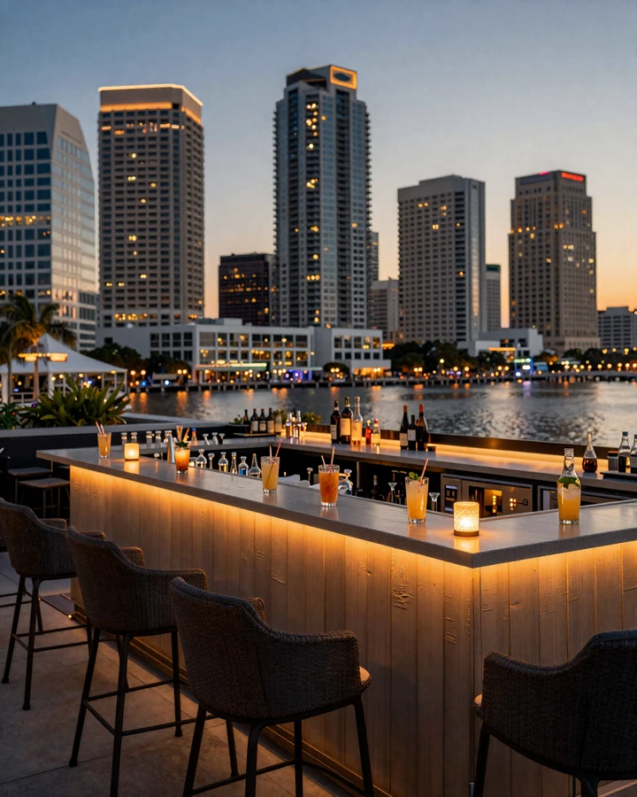 Tampa rooftop bar at dusk with skyline views and warm cocktail lighting