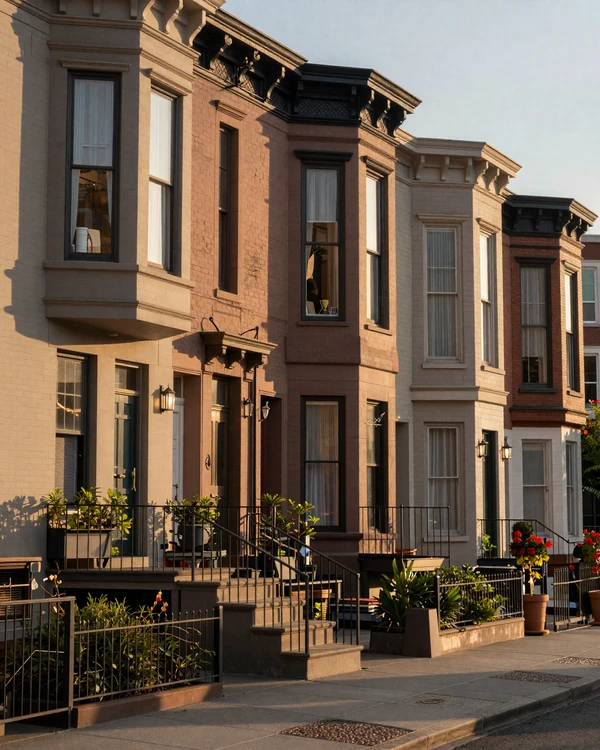 Capitol Hill brownstones and boutiques at golden hour