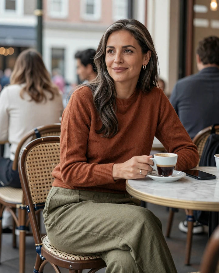 Refined mature woman Helena at Greenwich Village cafe illustrating what cougar dating means in 2026