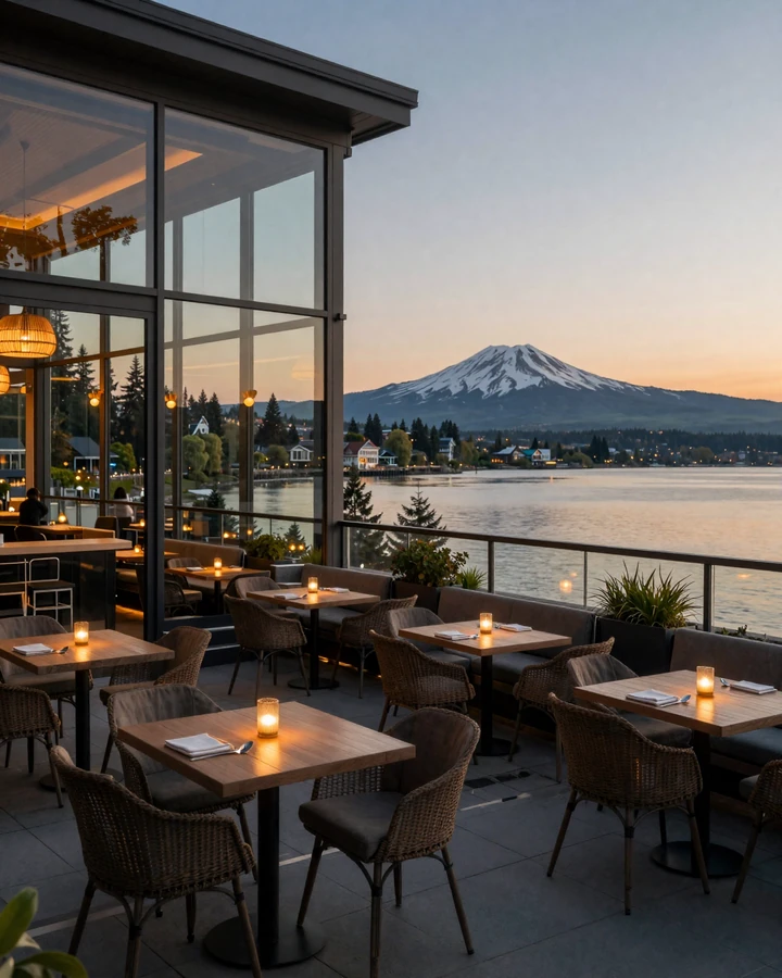 Bellevue rooftop lounge with Lake Washington and Mount Rainier view at golden hour