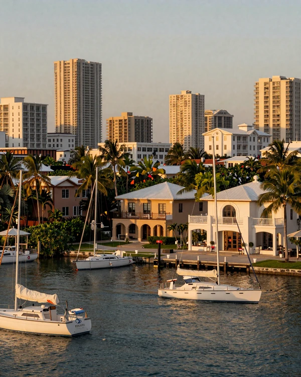 Coconut Grove Miami waterfront marina at dusk with sailboats and tropical greenery