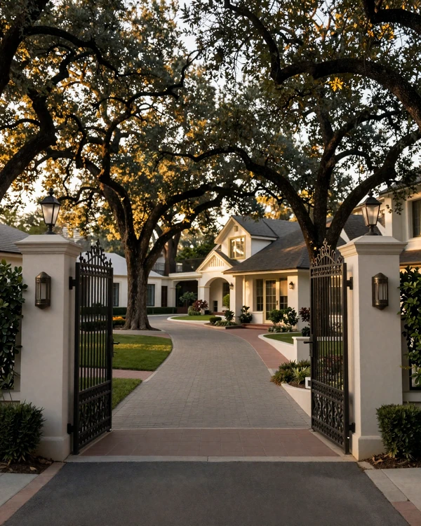 Preston Hollow Dallas winding private drive with wrought iron gates