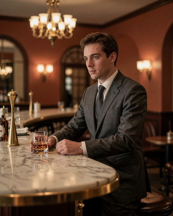 Sophisticated man at warm-lit luxury hotel bar representing sugar daddy lifestyle