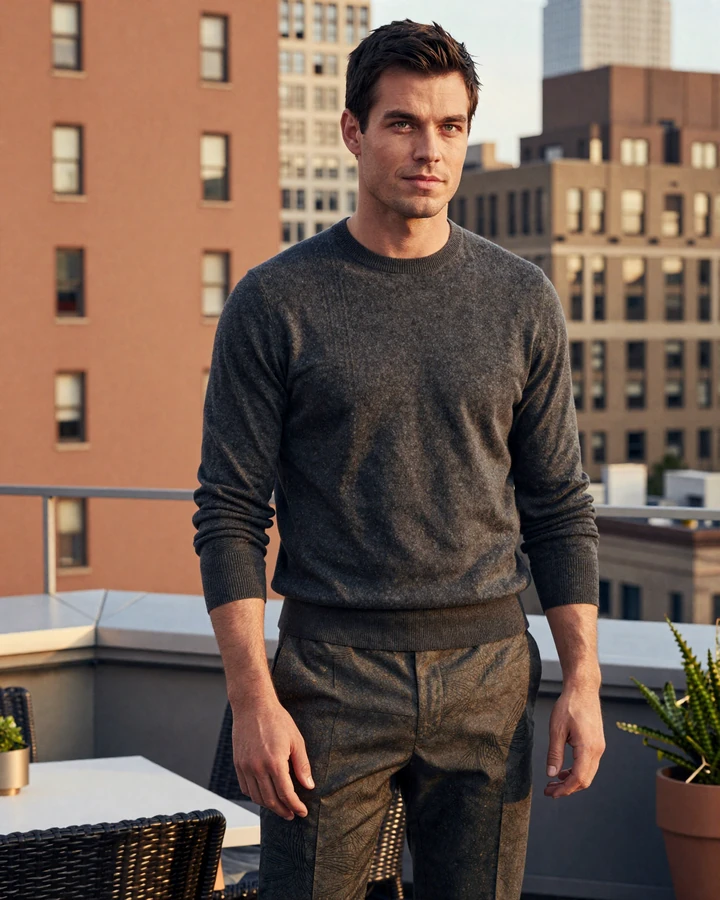 Refined younger man Adrien on Manhattan rooftop representing premium toy boy dating site