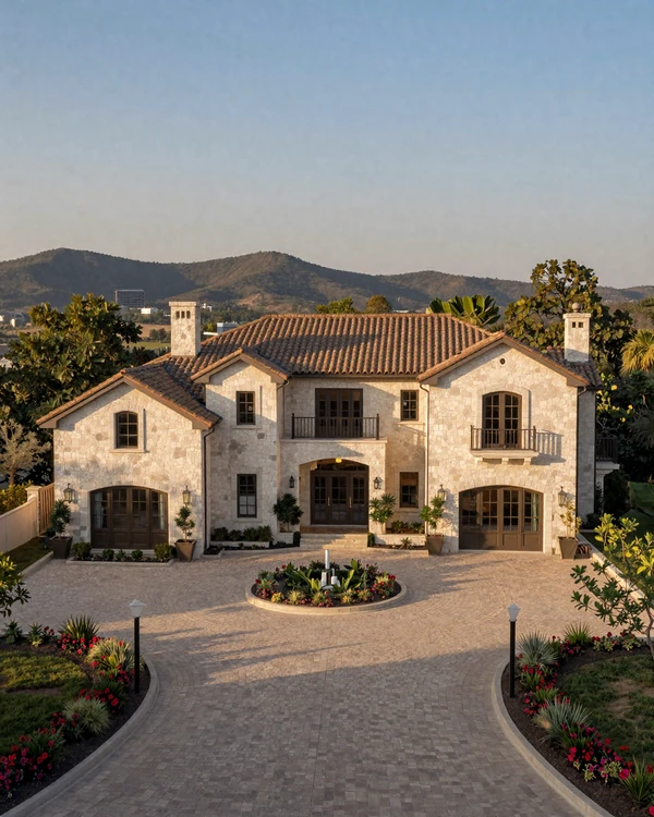 The Dominion Mediterranean villa with stone facade and Hill Country landscape