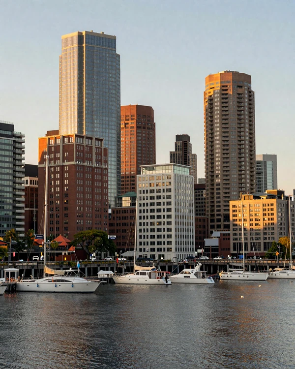 Seaport District Boston harbor waterfront with modern glass towers