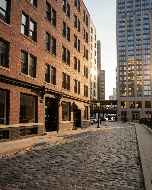 River North gallery district brick facades at golden hour