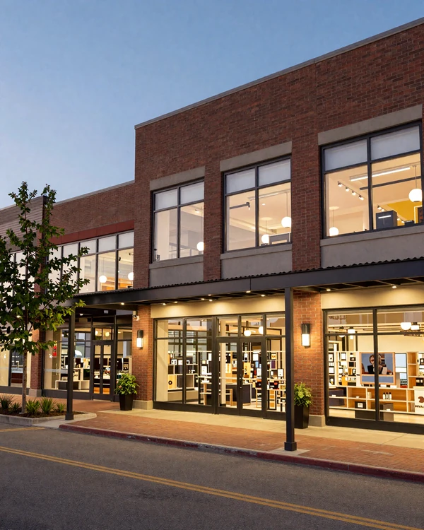 Easton upscale district at twilight with warm lighting