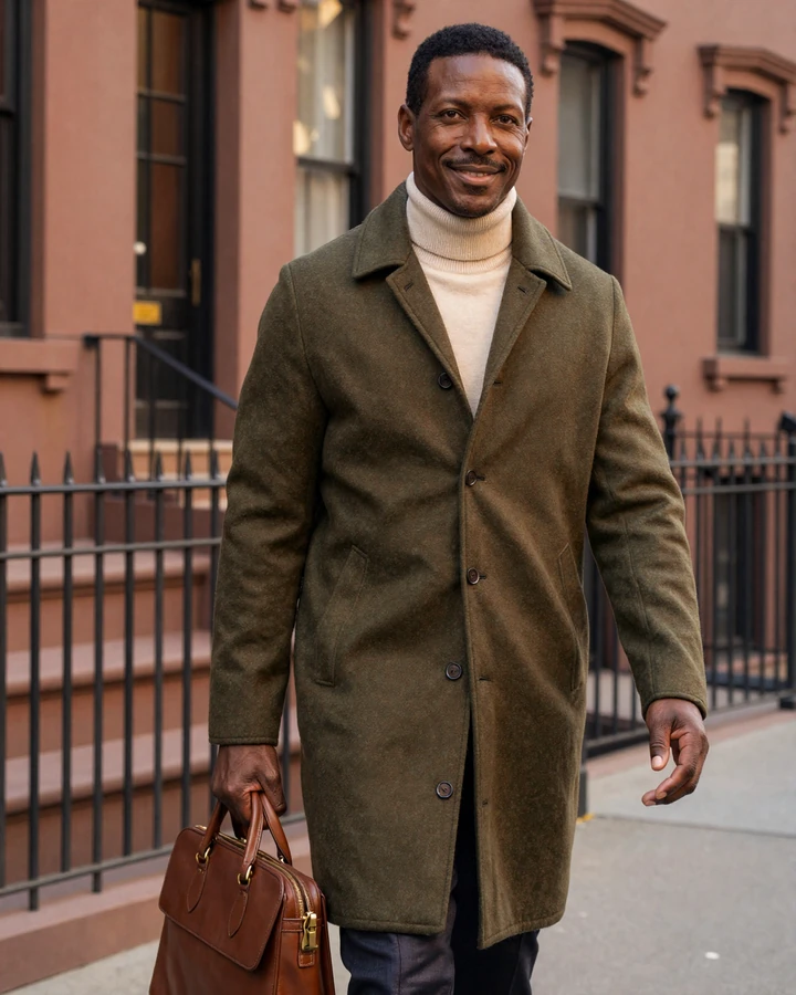 Successful affluent man in cashmere overcoat on Upper East Side brownstone street illustrating sugar daddy definition