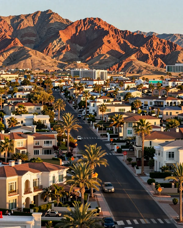 Summerlin residential enclave with Red Rock Canyon backdrop at golden hour