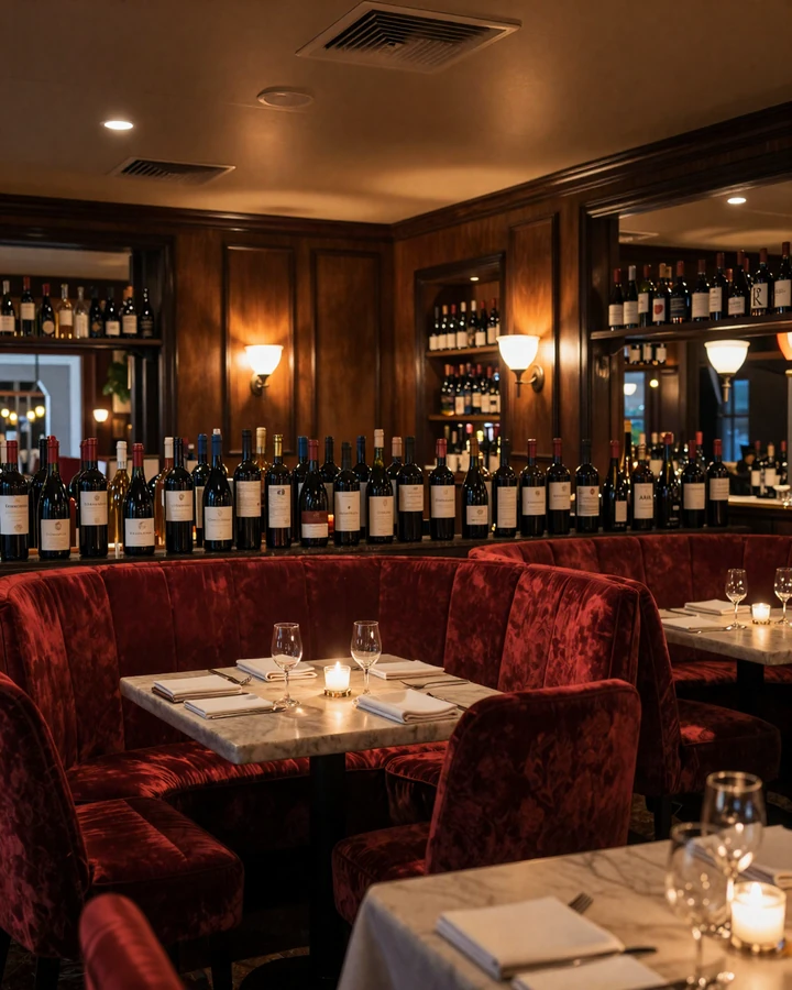 Refined interior of Bern's Steak House Tampa with deep red banquettes and warm amber lighting