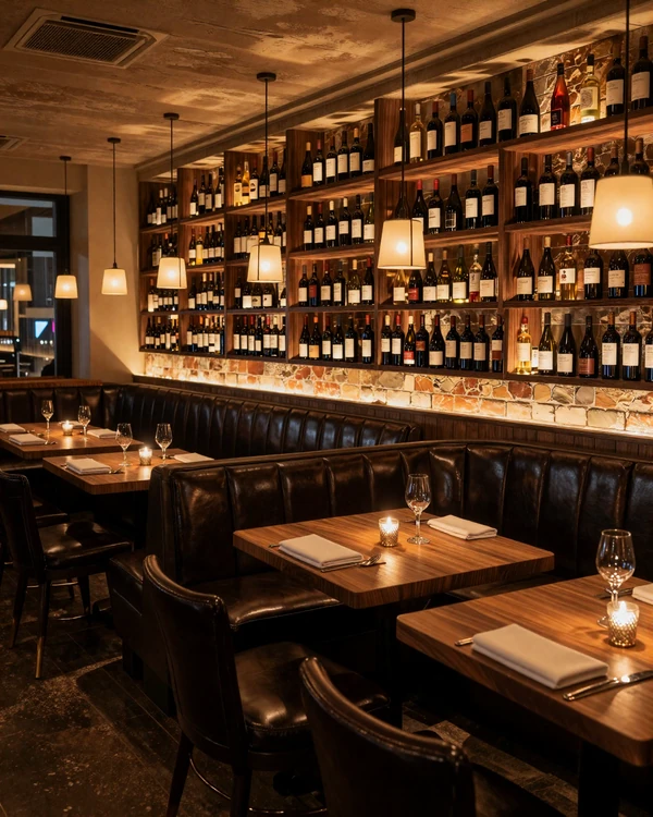 Upscale Nashville steakhouse interior with dark leather booths and warm lighting
