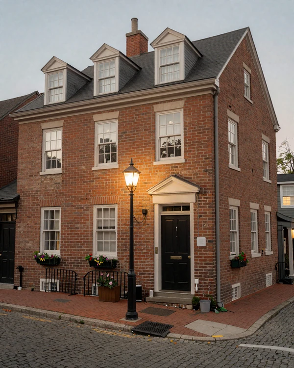 German Village historic brick cottage with gas lamps at dusk