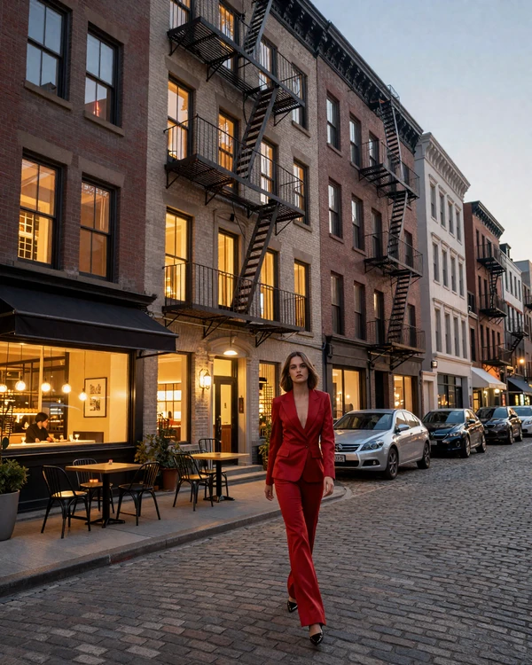 Tribeca cobblestone street with loft buildings at twilight
