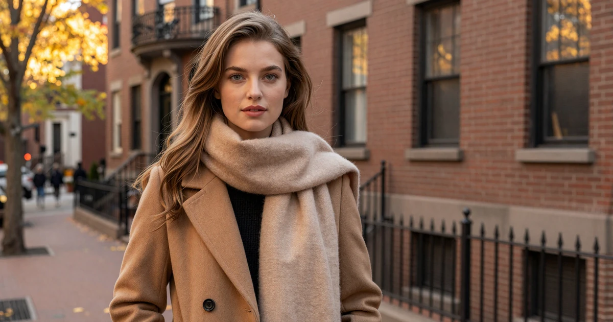 Elegant young woman in camel coat on Back Bay brownstone street representing sugar baby Boston lifestyle