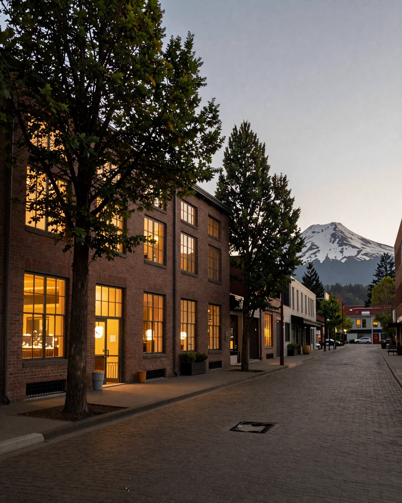 Pearl District Portland brick warehouse conversions at dusk representing the sugar baby Portland setting