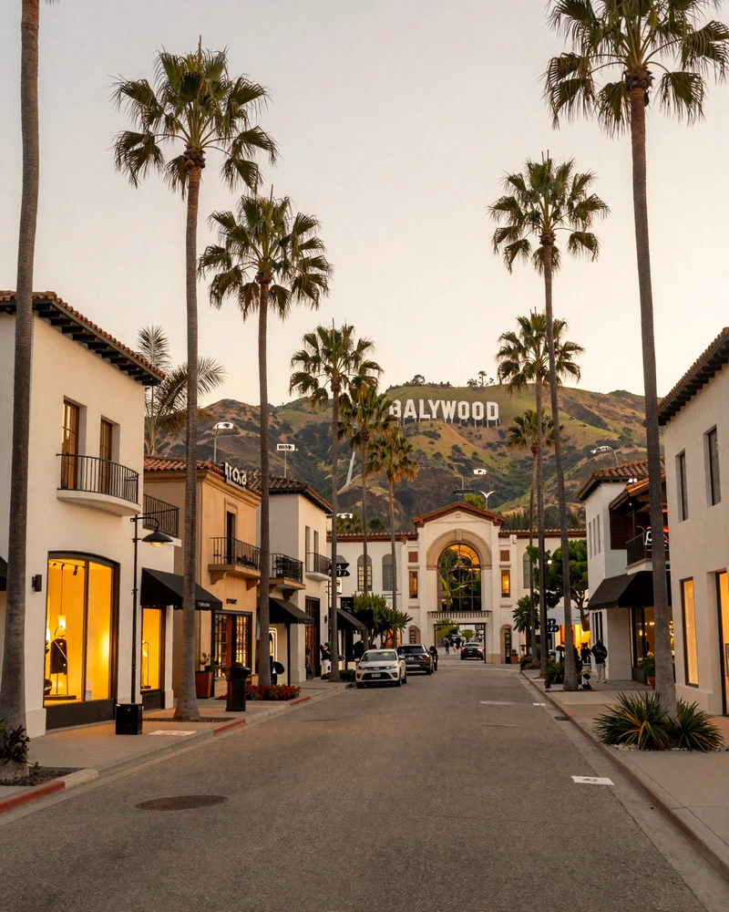 Beverly Hills Rodeo Drive at golden hour with palm trees and luxury storefronts representing the LA sugar dating setting