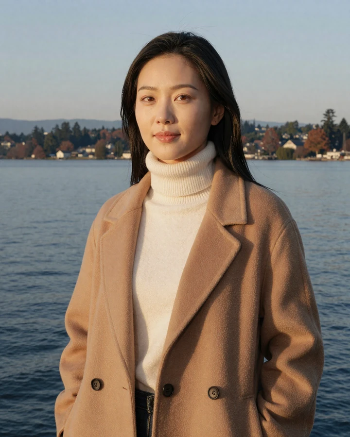 Refined woman in cream cashmere on Bellevue waterfront representing sugar daddy Seattle lifestyle