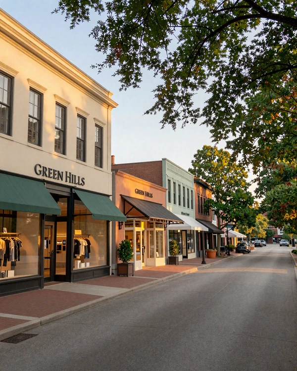 Green Hills Nashville upscale boutique street at golden hour
